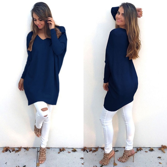 Sweaters - V Neck Long Sleeve Blue Knitted Sweater